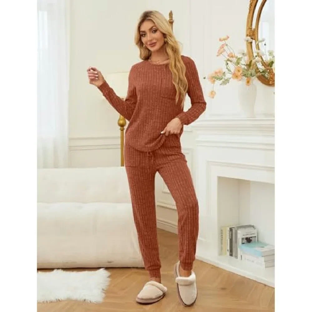 Ribbed Knit Lounge Set Long Sleeve Pajama Jogger Sweatsuit